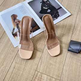 小红书同款透明胶片粗跟凉鞋2024性感透明水晶跟时尚新款方头凉鞋