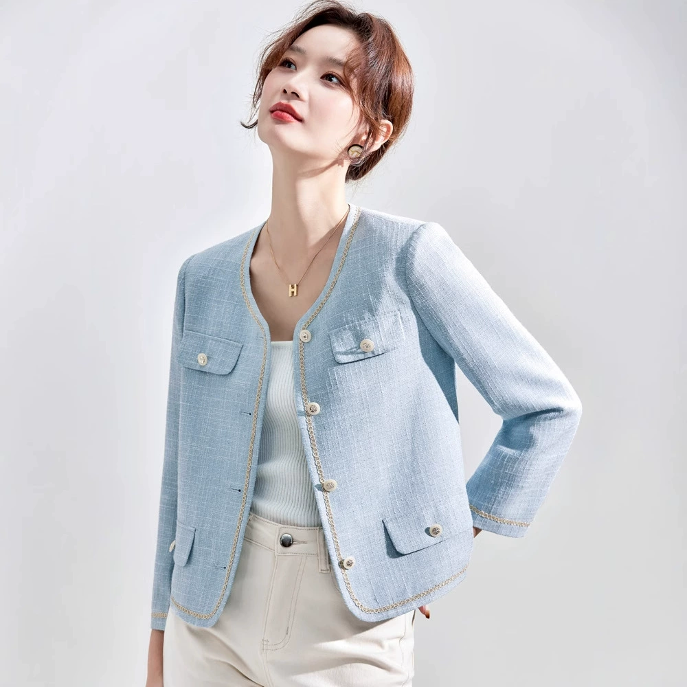 Высококачественный синий костюм, платье на весну и осень 2023, новый стиль, ароматный стиль, короткий костюм в западном стиле с веером богини Mingyuan