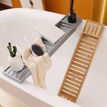 现货简约风楠竹日式置物架浴缸架可伸缩沥水置物板泡澡托盘轻奢