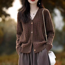 100%纯羊毛衫开衫毛衣外套女V领2025秋季新款宽松外搭羊绒针织衫