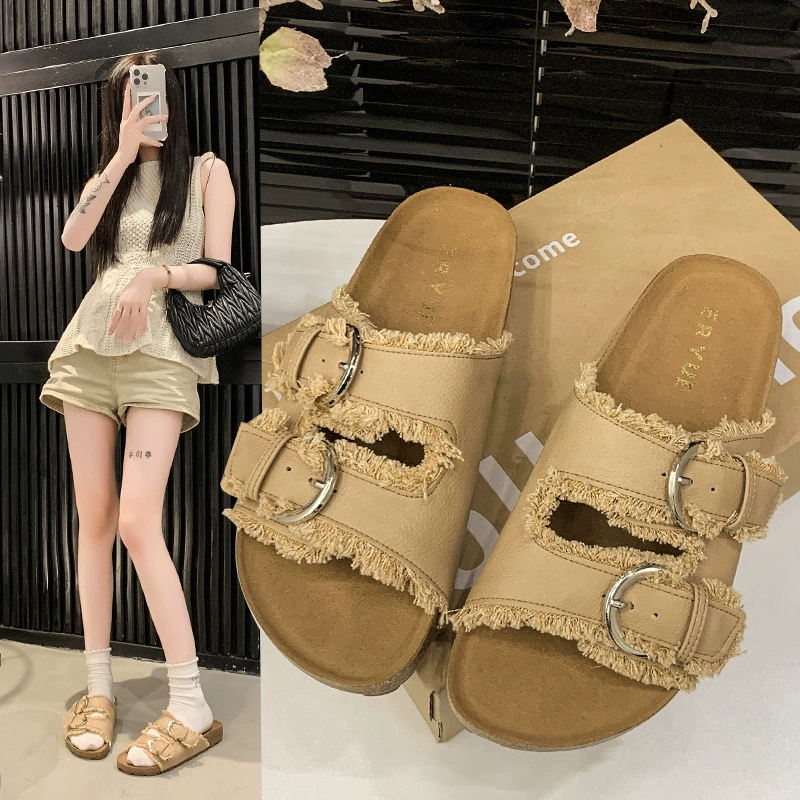 Женские тапочки Birkenstock на толстой подошве для летней верхней одежды 2025 года в стиле ретро-феи с кисточками, уродливые милые женские сандалии Birkenstock на плоской подошве, модные