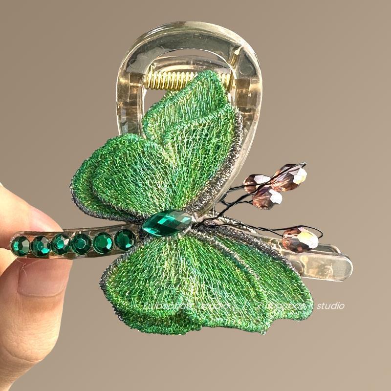 春の蝶の気質レトロスタイル刺繍蝶クリップ後頭部半分結びシャーククリップヘアアクセサリー旅行ヘアピン|undefined