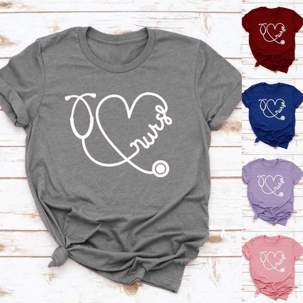 亚马逊 wish 爱心字母印花心形听诊器图形休闲短袖T恤衫女恤上衣