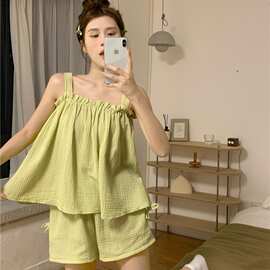 ins清新浅绿吊带睡衣套装女夏婴儿棉双纱宽松少女居家短裤两件套
