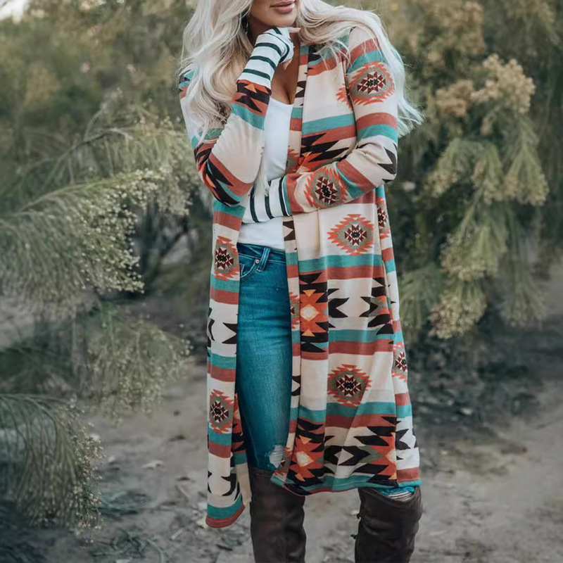 2025 European and American Cardigan Jacket Women's Autumn and Winter Cross-Border New Western Fashion Stripesd Mid-Length Contrasting Knitted Jacket