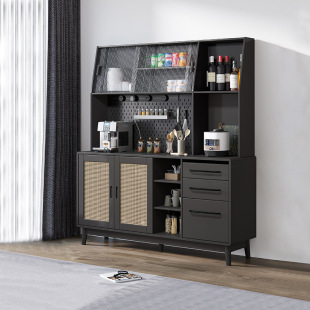 Vintage solid wood sideboard cabinet wall-mounted storage high cupboard hole board rattan wine cabinet Cabinet tea cabinet Black