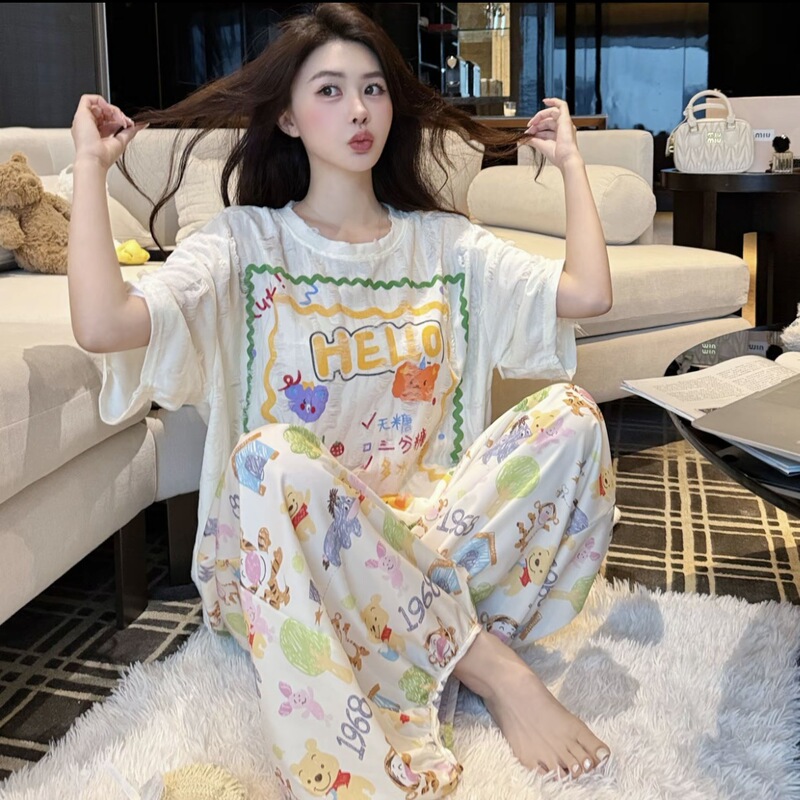 TikTok popular women's pajamas, summer short-sleeved long pants, cute, thin, loose, plus-size two-piece home wear, available for wholesale