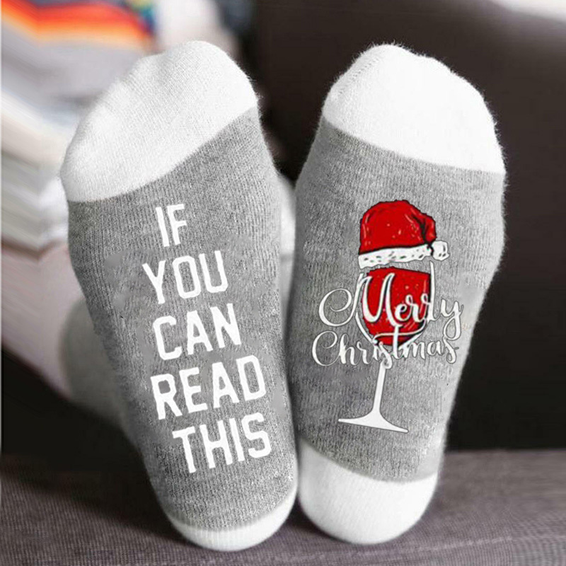Calcetines navideños con letras de colores en contraste, estampado de muñeco de nieve, calcetines unisex de algodón con elementos navideños para comercio exterior.