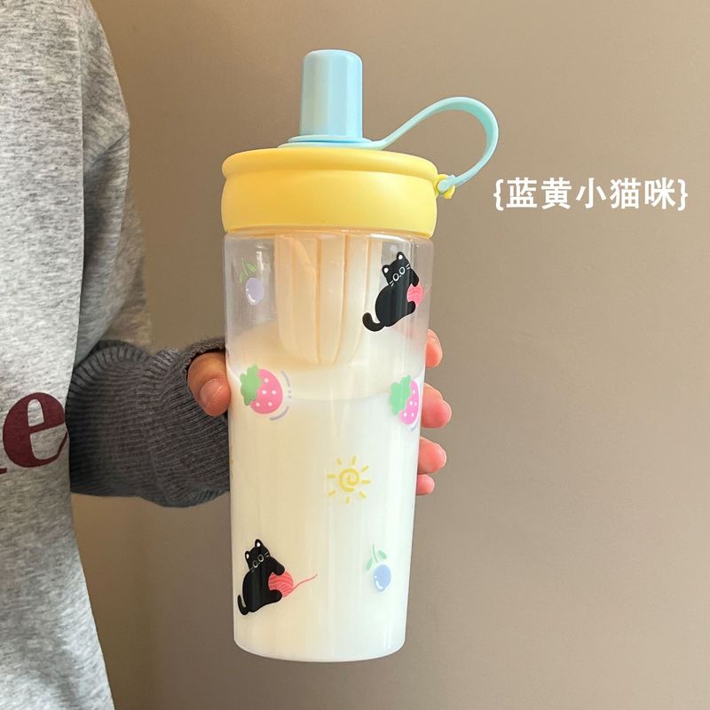 ハンドル付きティーバンクウォーターカップ、見栄えの良い漫画学生ダブルコンパートメントプラスチックウォーターカップ、大容量ドーパミンポータブルストローカップ|undefined