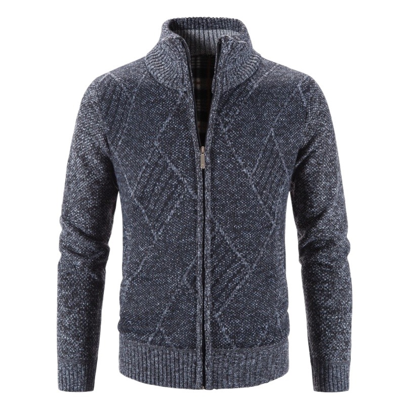 Cárdigan de punto para hombre para otoño e invierno, suéter para hombres de mediana edad y mayores, cuello alto informal, suéter jacquard de manga larga para hombre.