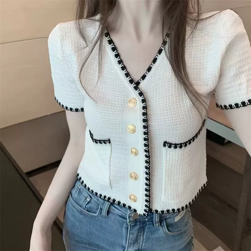 Вязаный свитер, летний облегающий короткий тонкий кардиган, стиль Chanel, с коротким рукавом, V-образный вырез