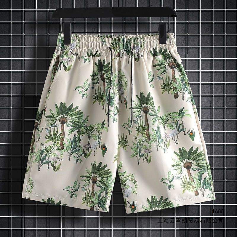 Hawaiian Floral Shorts for Men, Summer Beach Shorts for Couples, Quick-Dry Large Shorts, Trendy Brand, Plus-Size Five-Point Ice Silk Shorts