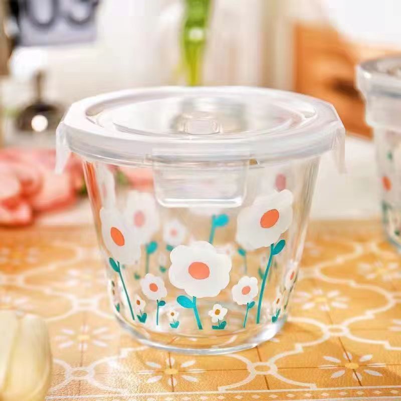 Roasted Flower Glass Preservation Lunch Box Preservation Bowl with Lid Microwave Heating Soup Bowl Large Capacity Sealed Lunch Box Lunch Box