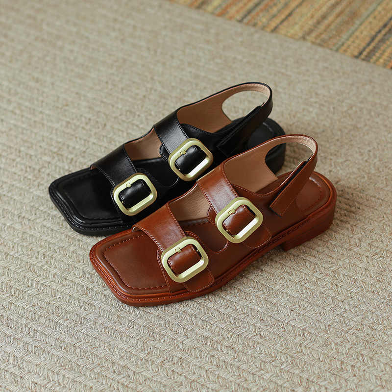 Sandal hở mũi nữ quai ngang đế thấp phong cách La Mã cổ điển, da bò màu nâu — Màu nâu chi tiết 4