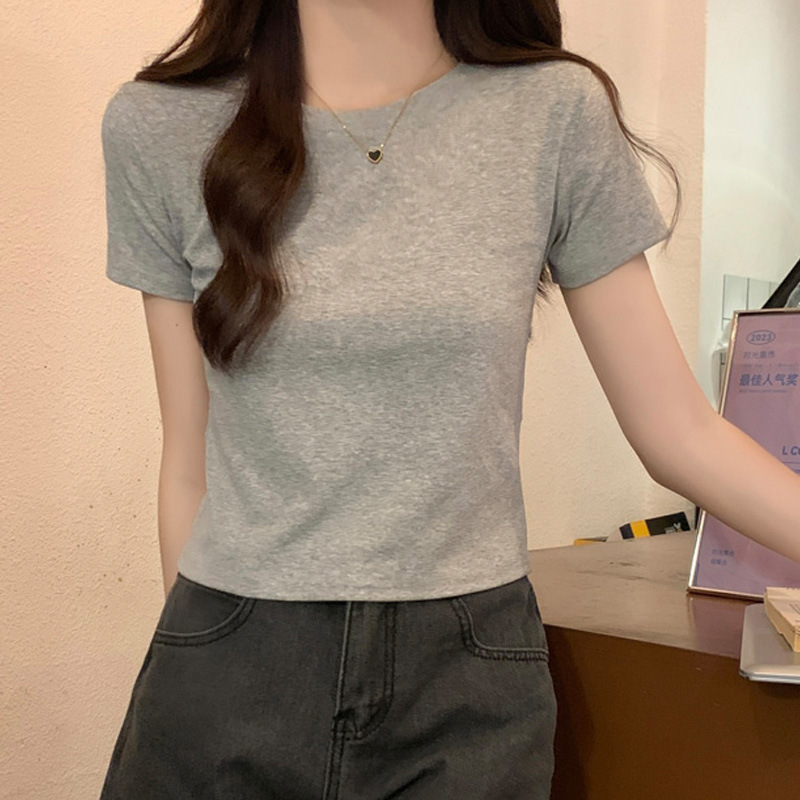 ベーシック無地半袖Tシャツレディース夏新作韓国風スリムフィット右肩ハイウエストボトムシャツレディースショートトップ|undefined