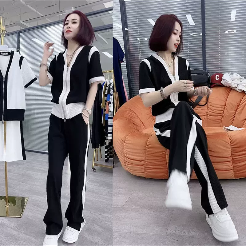 2024 Летний Новый Модный Костюм Повседневный Контрастный ЦВЕТНОЙ кардиган с короткими рукавами пальто с высокой талией спортивные широкие брюки из двух предметов комплект