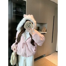 韩系可爱甜美减龄两穿毛毛短外套女2025新款宽松保暖加厚连帽棉服