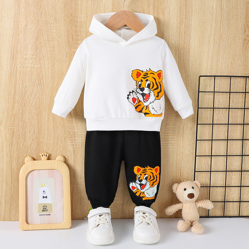 Children's Spring and Autumn Tiger Bear Cub Print Casual Sports Set for Boys: 2-Piece Sweatshirt and Sweatpants Set