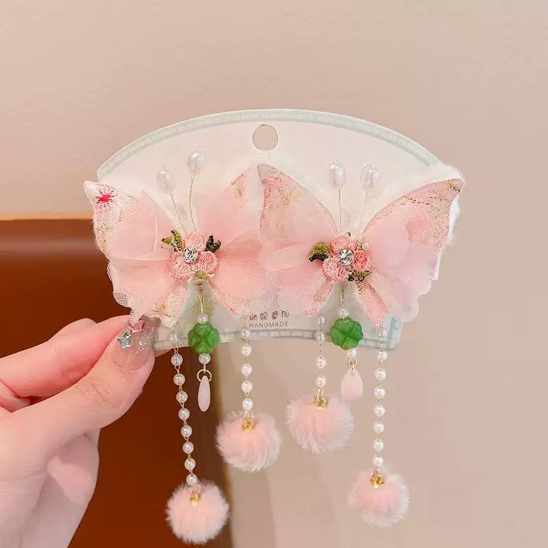 新款发饰批发小女孩儿童学生蕾丝刺绣毛绒蝴蝶缀珍珠流苏绒球发夹