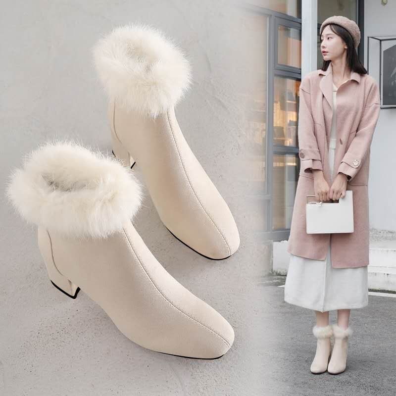 2024 High-heeled Shoes Winter fleece-lined Warm New Arrival Thick-heeled Martins Autumn and Winter All-match Cheongsam Outer Wear