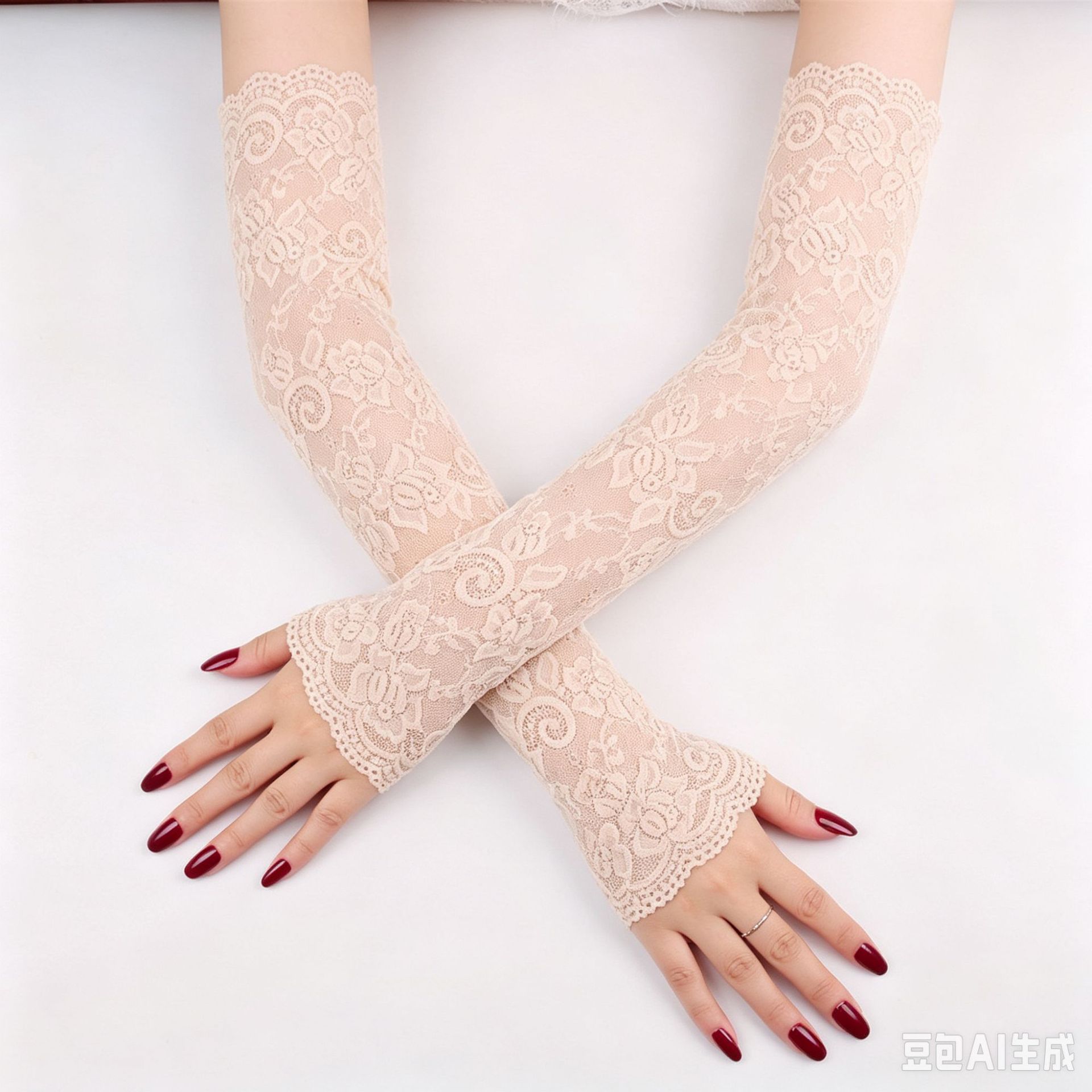 Women’s Lace Sun Protection Arm Sleeves, Summer Ice Silk Driving Gloves, Beige, One Size — detail image 5