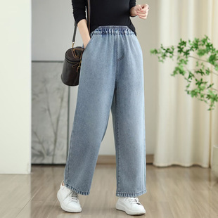 Winter New Denim Cotton fleece-lined Thickened Straight Leg Pants Women's Women's Stretch Waist Washed Loose Casual Pants Cotton Pants