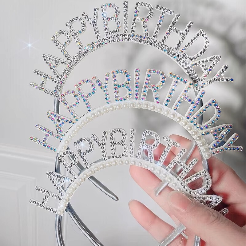 Diamond Pearl Happy Birthday Headband Internet Celebrity Birthday Props Creative Party Baking Dress-up Headwear Hat Headband