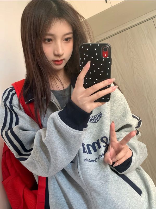 国潮牌灰色三条杠翻领无帽卫衣女春秋薄款宽松高级感开衫拉链外套|undefined