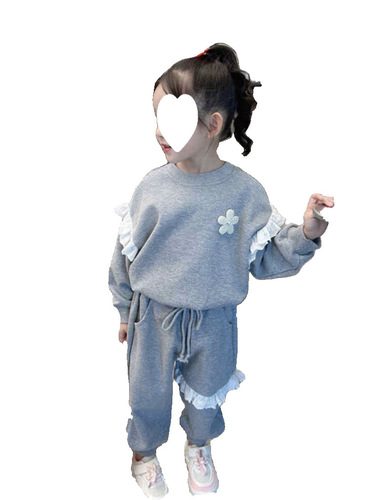 Girls Suit 2024 Spring and Autumn New Style Baby Girl Korean Suit Lace Flower Long Sleeve Casual Sweater Suit