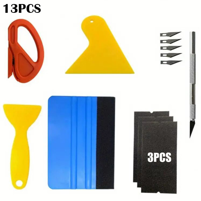 13피스 자동차 랩핑 세트 모델 B [아크 1개 + 노란색 삼각형 1개 + 노란색 삽 1개 + 조각칼 5개 + 파란색 플러시 1개 + 플러시 조각 3개]
