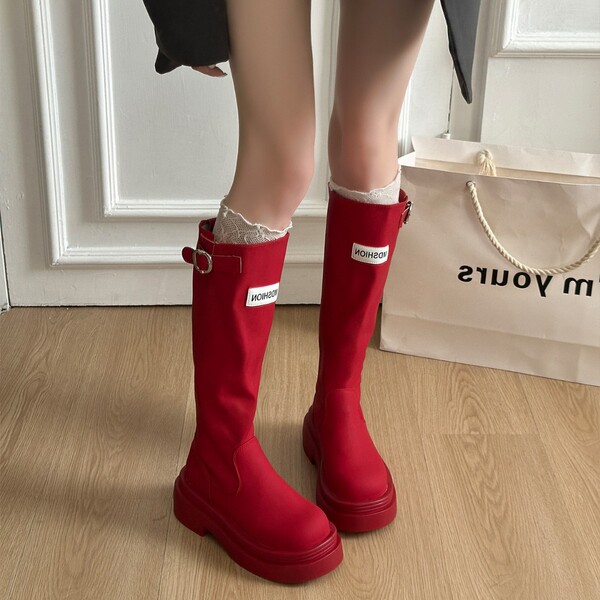 Autumn retro red high boots platform