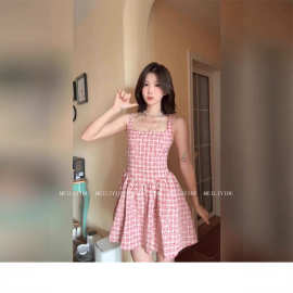 韩系精致连衣裙女装夏宽肩带高级感甜美俏皮少女感格纹波点A字裙