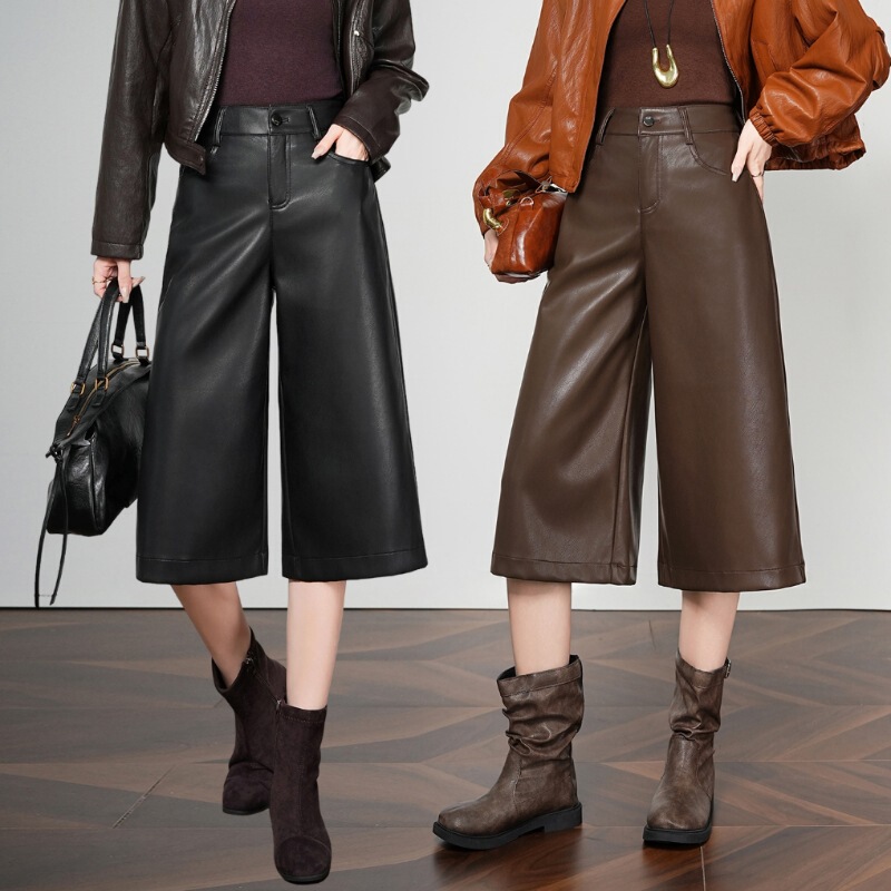 Haining Genuine Leather Wide-Leg Leather Pants for Women 2025 Autumn and Winter Thin Velvet Petite Cropped Sheepskin Straight Pants Leather Shorts Trendy