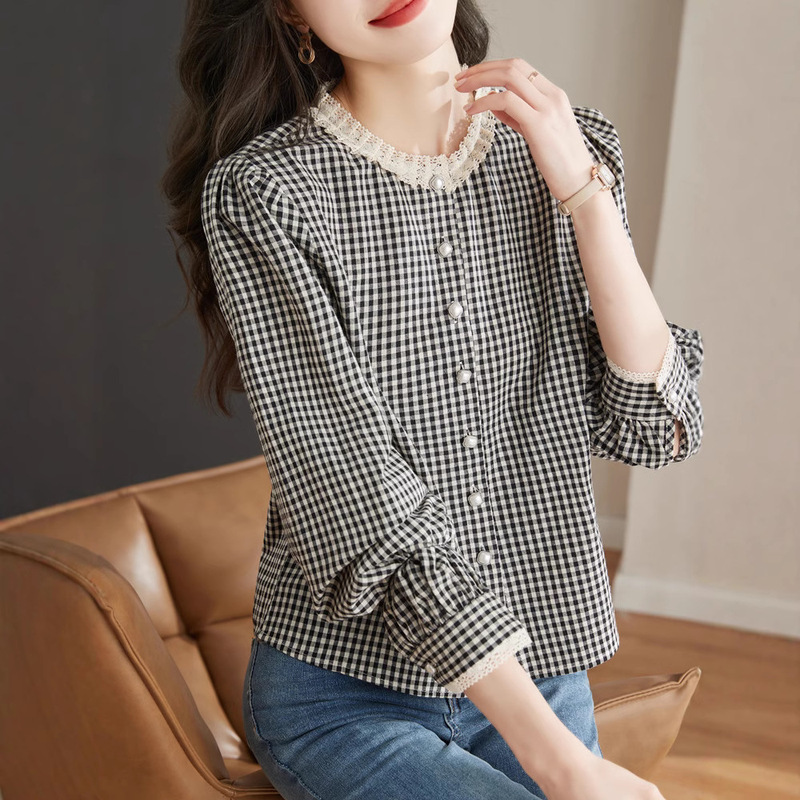 Ruffled Lace Plaid Shirt for Women 2026 Spring and Autumn New Stylish and Elegant Blouse with French Puff Sleeves Ruffled Lace Plaid Shirt for Women 2026 Spring and Autumn New Stylish and Elegant Blouse with French Puff Sleeves