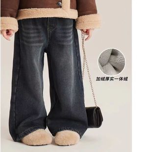 Children's Winter Clothing Long Pants 2025 New Winter Style for Older Children, Fleece-Lined Denim Straight-Leg Pants, Thickened
