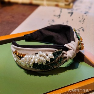 原创新中式宽边发箍重工手缝珍珠头箍高颅顶布艺头箍-阿里巴巴