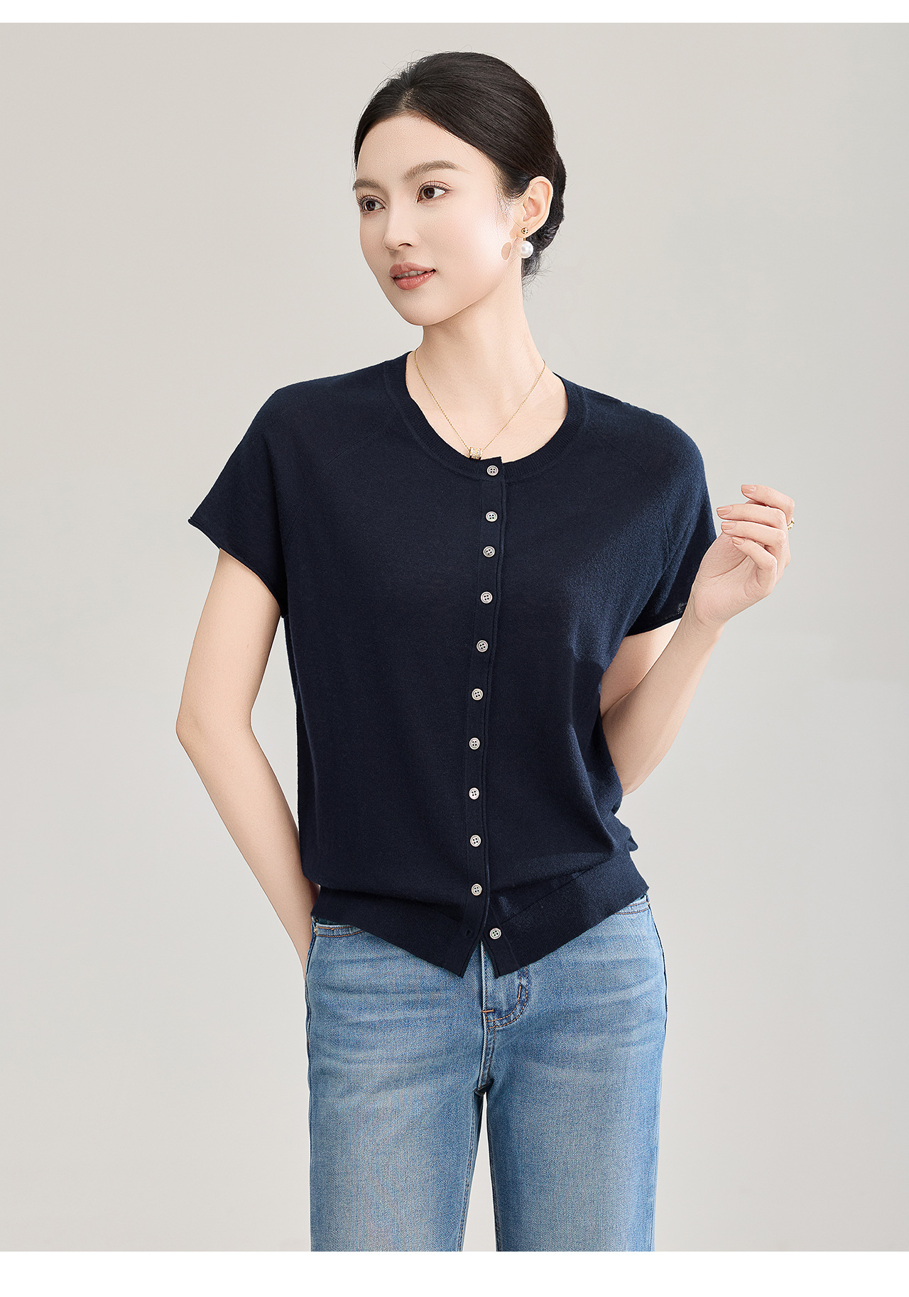 Áo cardigan len nhỏ tay ngắn dáng rộng phong cách lười biếng — màu xanh navy chi tiết 14