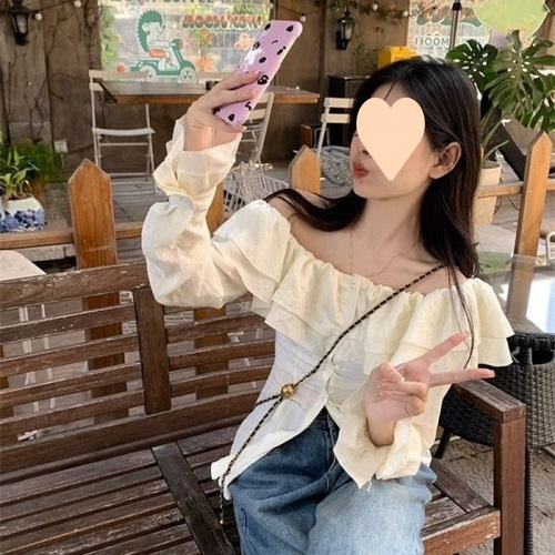 Woman's Summer French-style Collar Shirts with Lotus Leaf Edge, Korean Style Design, Unique and Niche One-Shoulder Waist-Tucking Long-Sleeve Top