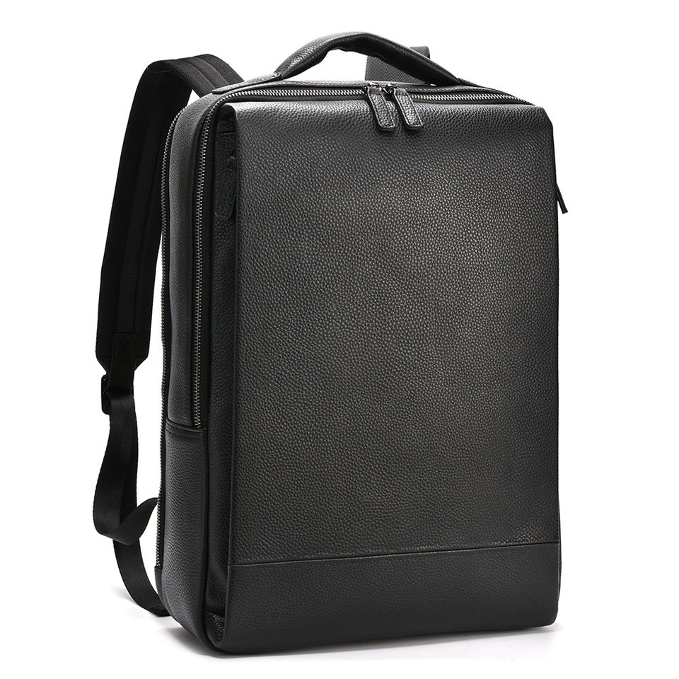 Ba lô nam da bò lớp đầu dung tích lớn đựng laptop 15,6 inch đi công tác — màu đen