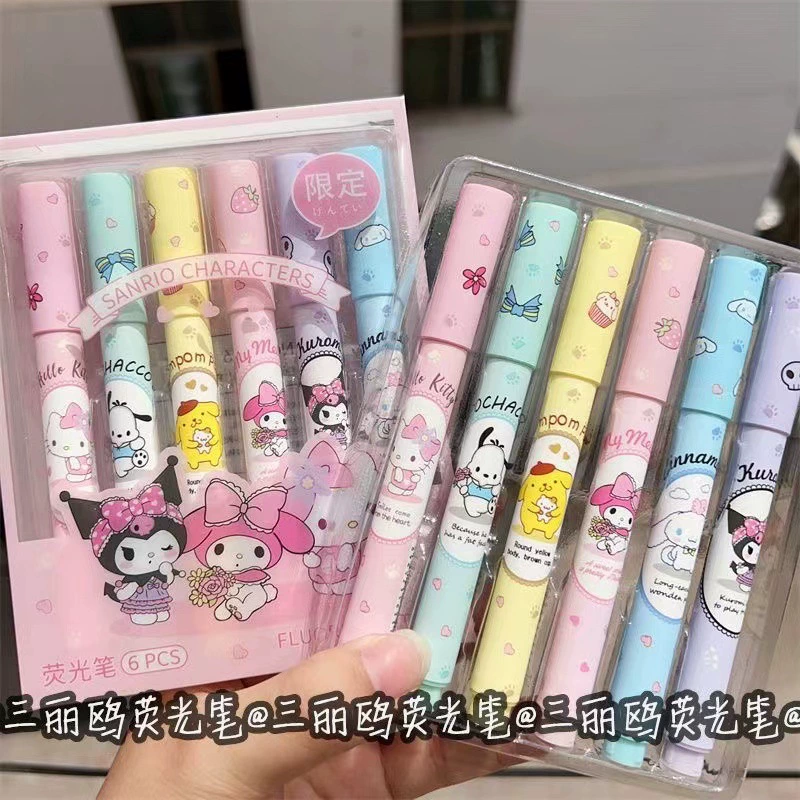 Fluorescent Marker (Sanrio) Oblique Tip, Pastel 6‑Pack Highlighters for Students