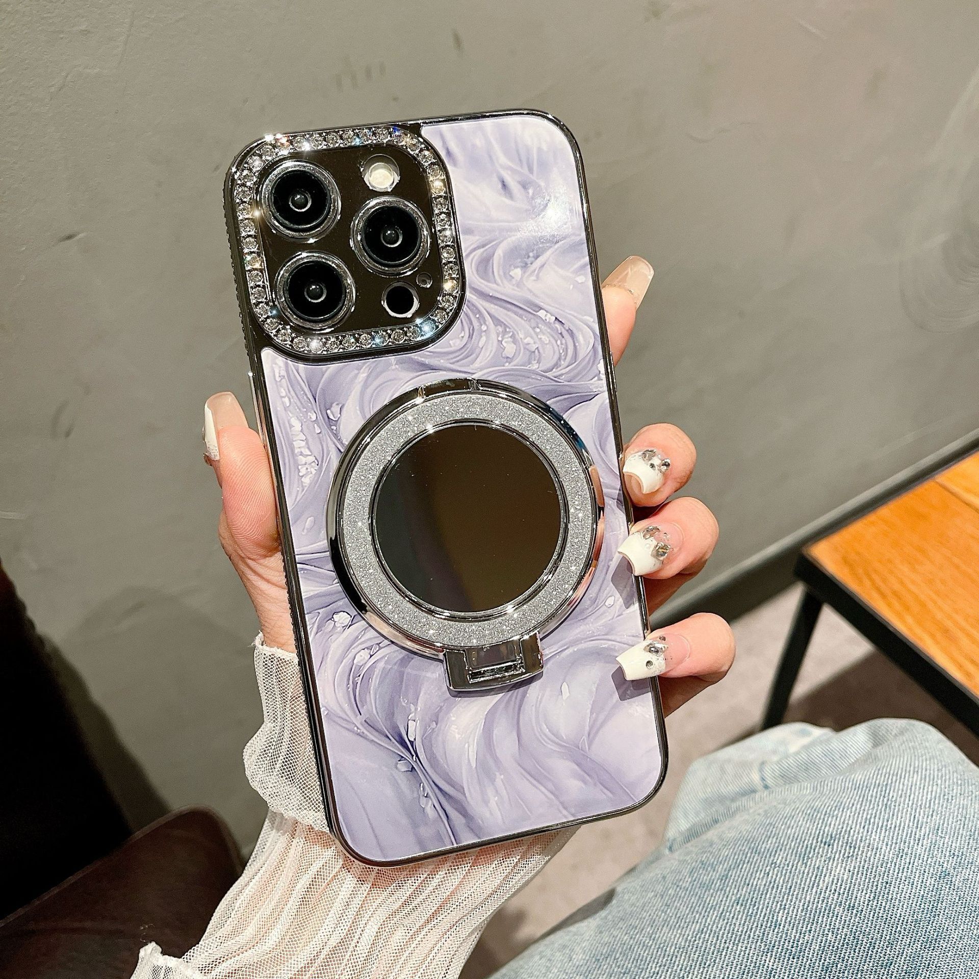 Sencillo florido 16ProMax Soporte de espejo de maquillaje iphone14 Funda para teléfono móvil Apple 15 Mujer 14 Lujo ligero 16