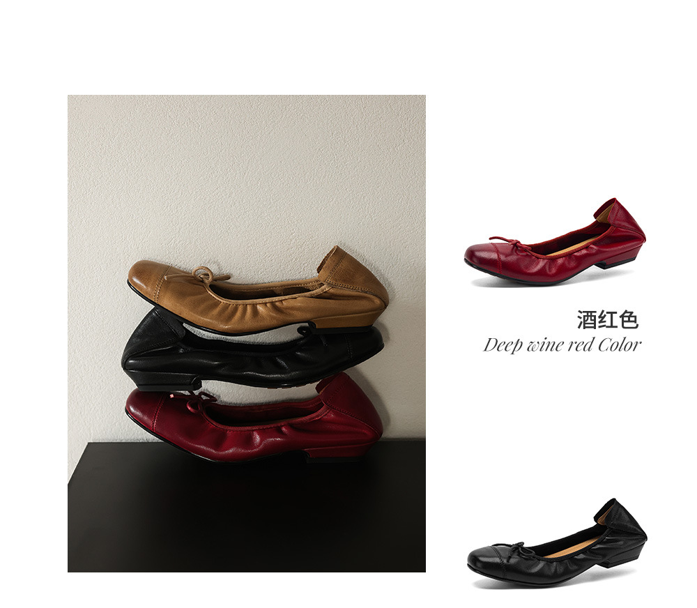 Giày ballet nữ mũi tròn da bò mềm, kiểu trứng cuộn, cổ nông — đen chi tiết 5