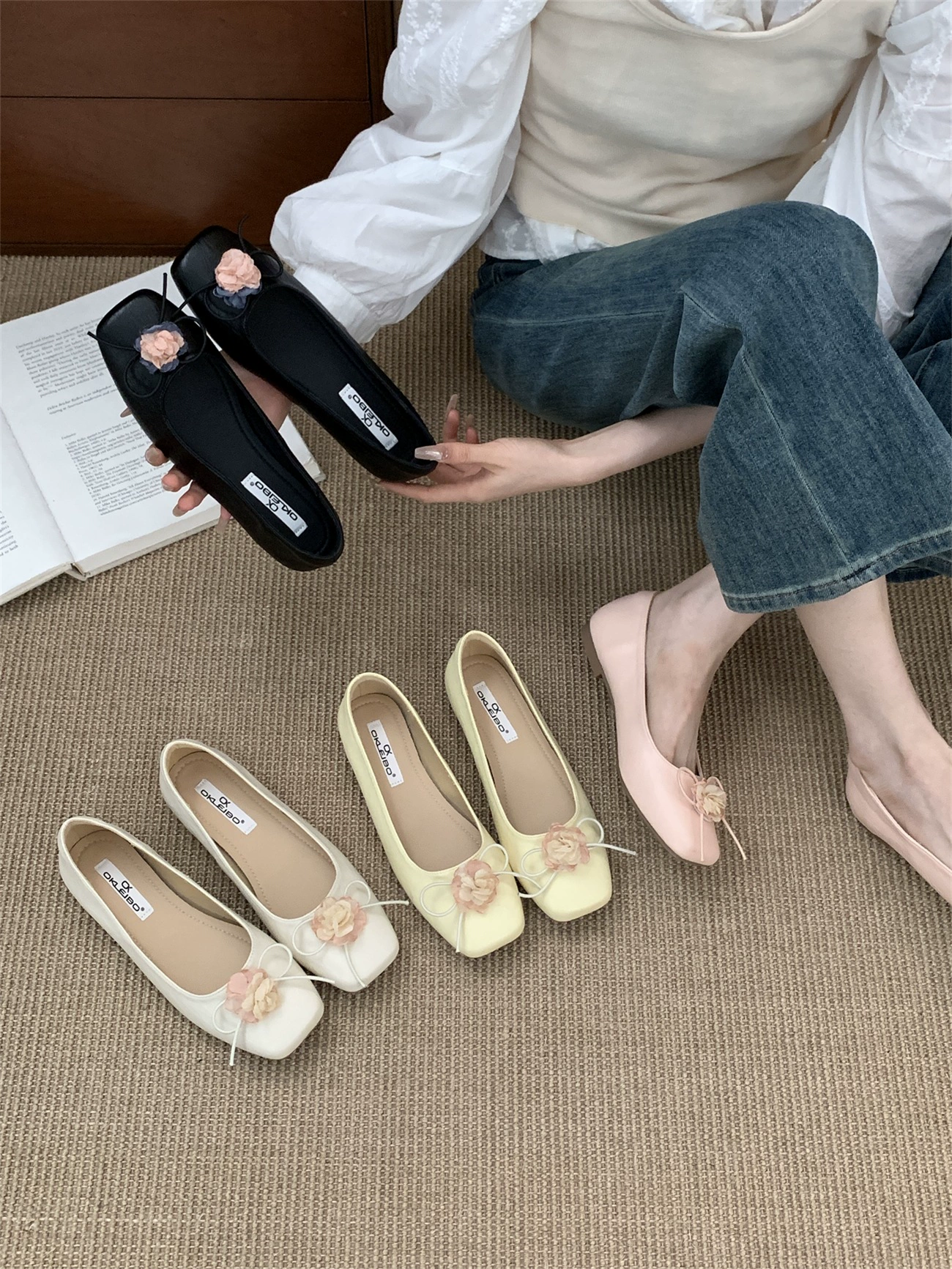 Женские балетки с юбками 2025 новые нишевые квадратные носки с бантом на низком каблуке Мэри Джейн с круглым вырезом