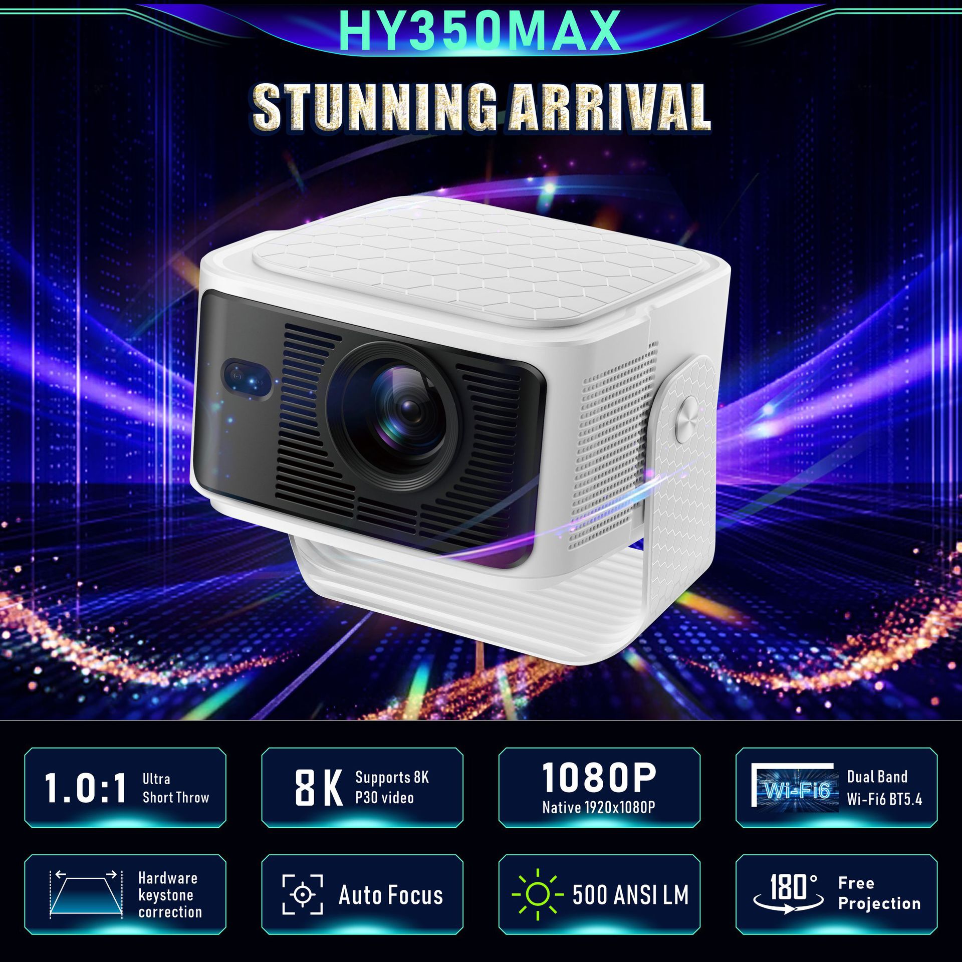 Hy350Max High-Definition High-Brightness Lcd Projector 500Ansi Lumens 1080P Fully Automatic Screen Adjustment 8K Home