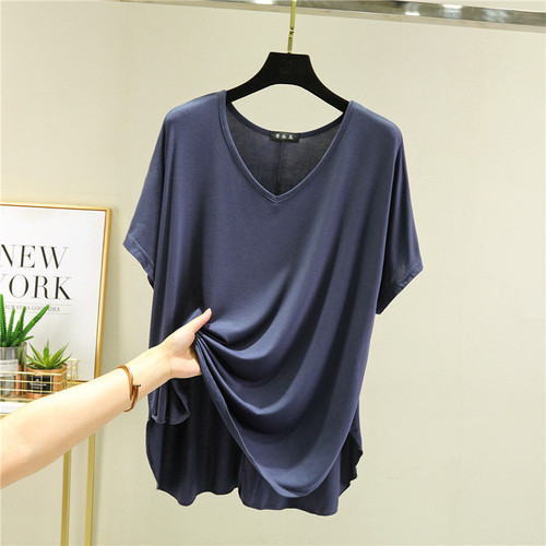 Modest women's V-neck plain T-shirt, plus size loose Korean style versatile outerwear top, thin and slimming base shirt