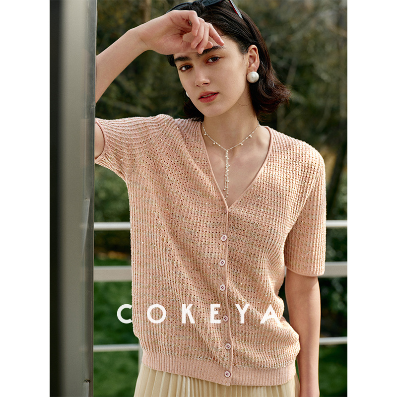 Hong Kong and American Apparel/Herbalife Linen Beaded Loose V-Neck Short Sleeve Knitted Cardigan for Women Spring/Summer