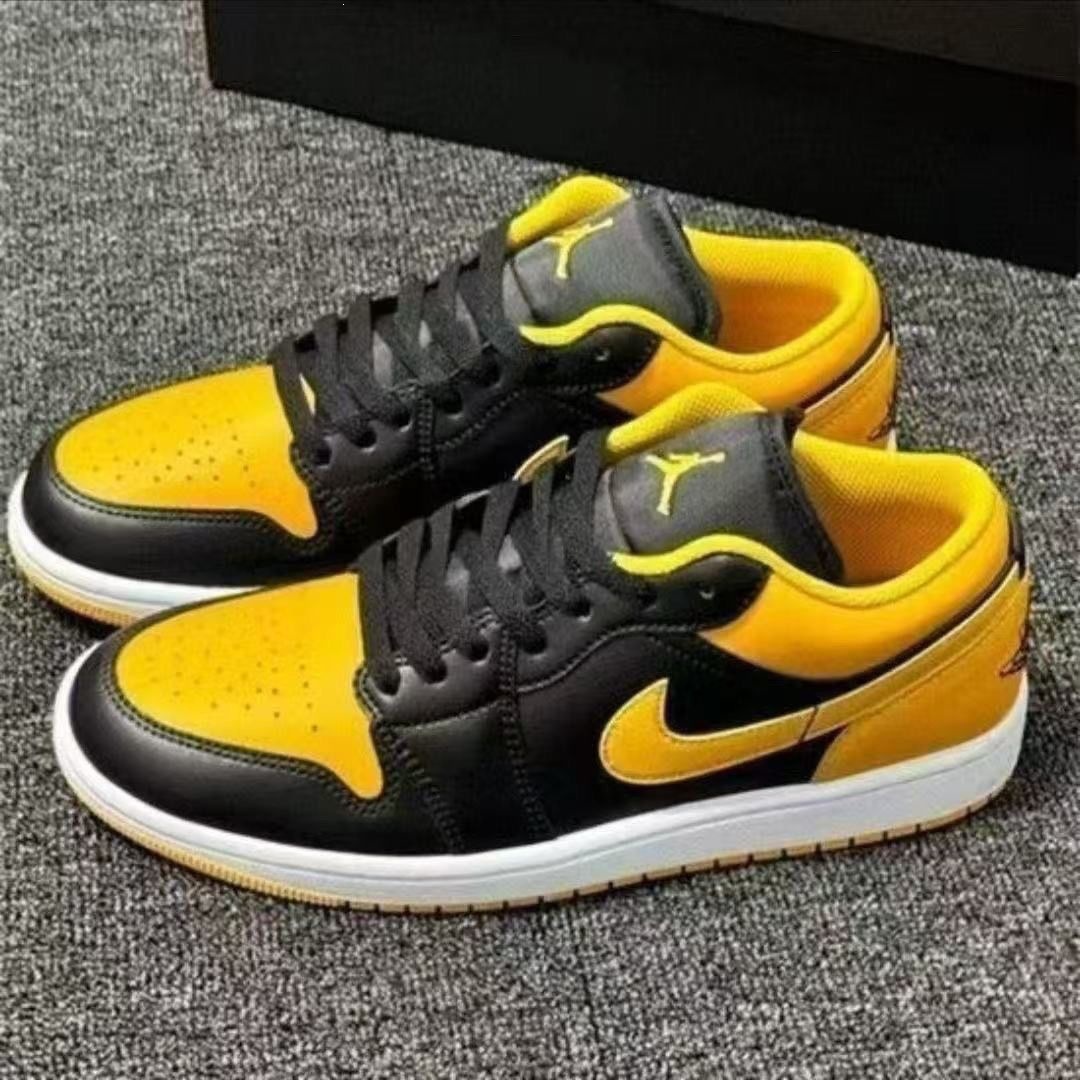 Chunyuan AJ1 Meituan negro, blanco y amarillo campus de moda baja pareja de hombres y mujeres zapatos de skate casuales
