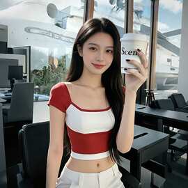 辣妹欲风网红炸街减龄上衣夏季女款设计感短款撞色拼接短袖恤
