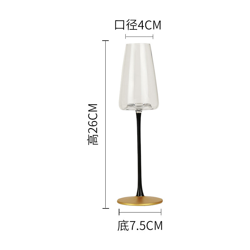 Taza de vino de borgoña moderna simple, taza de vino de estómago grande, vidrio de cristal de lujo ligero, barra negra, fondo de oro, taza de pie alto