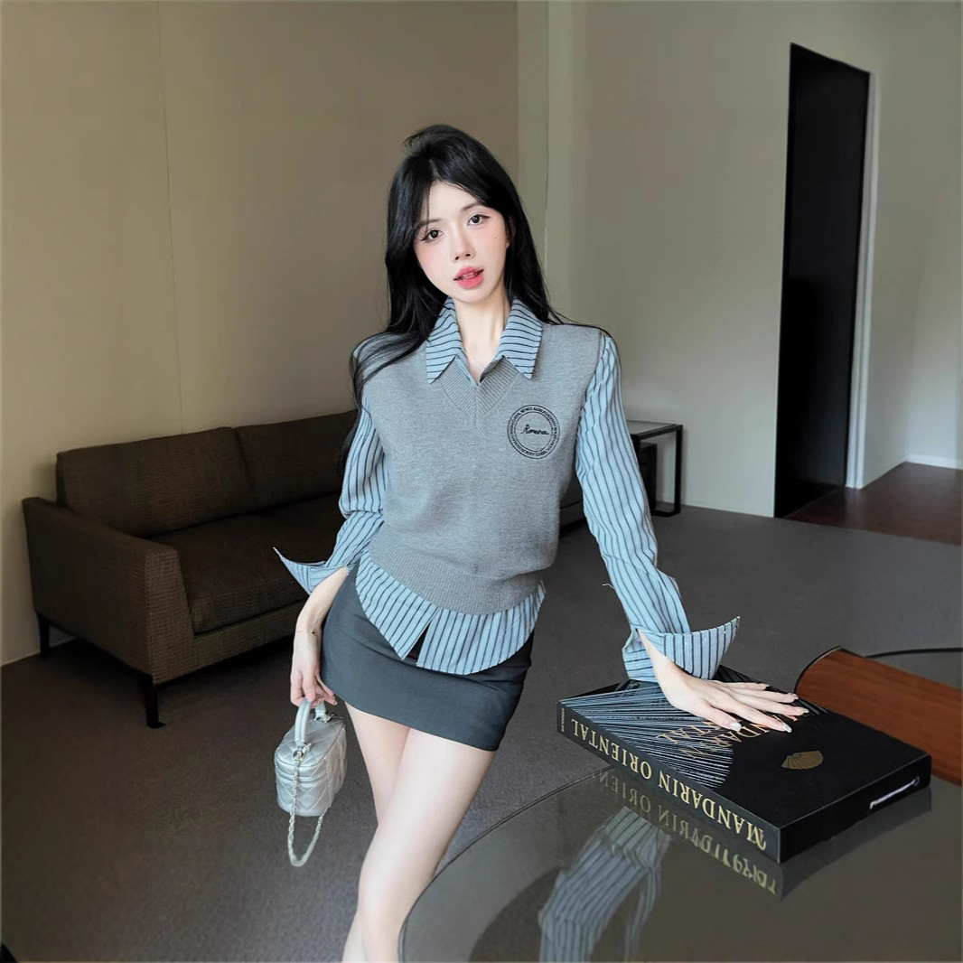 이른 가을 새로운 니트 조끼 스웨터 조끼 투피스 세트 대학 스트라이프 셔츠 스택 패션 슬림